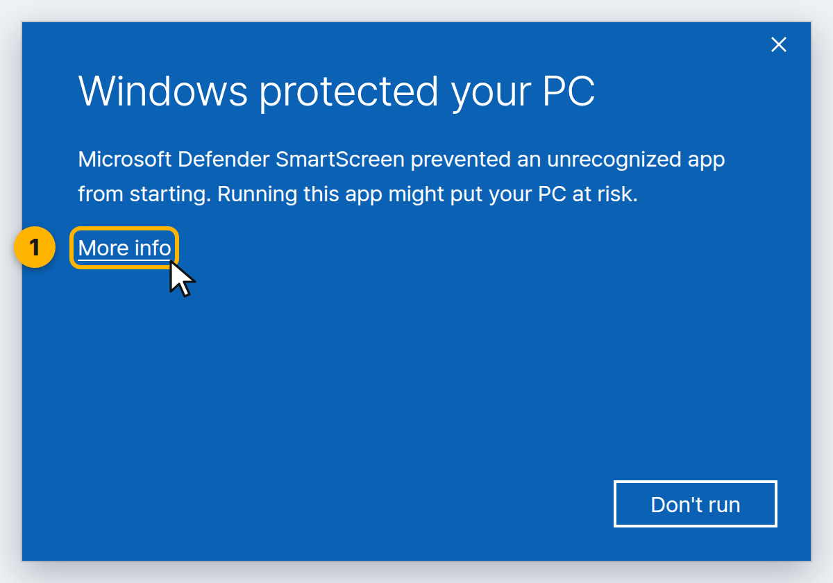 The Windows protected your PC dialog, with the More info link under the message highlighted.